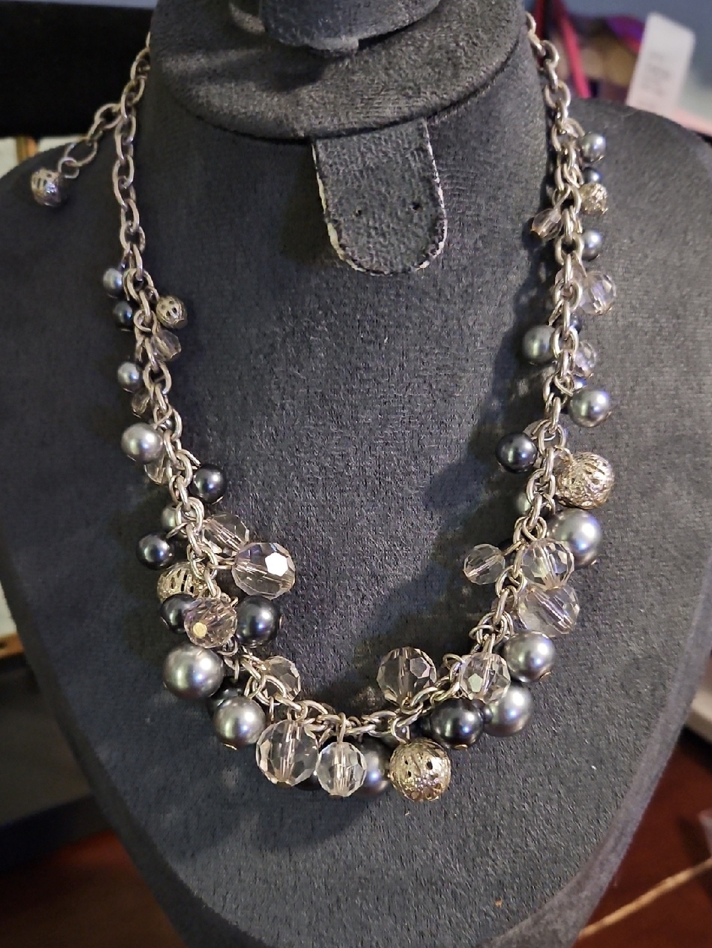 Women’s Multi-Strand Silver Chain Necklace with Gray Pearls and Clear Beads